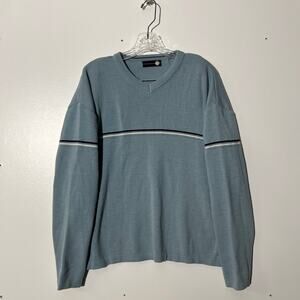 Vintage Y2K Blue V-Neck Black & White Center Striped Pullover‎ Knit Sweater Size